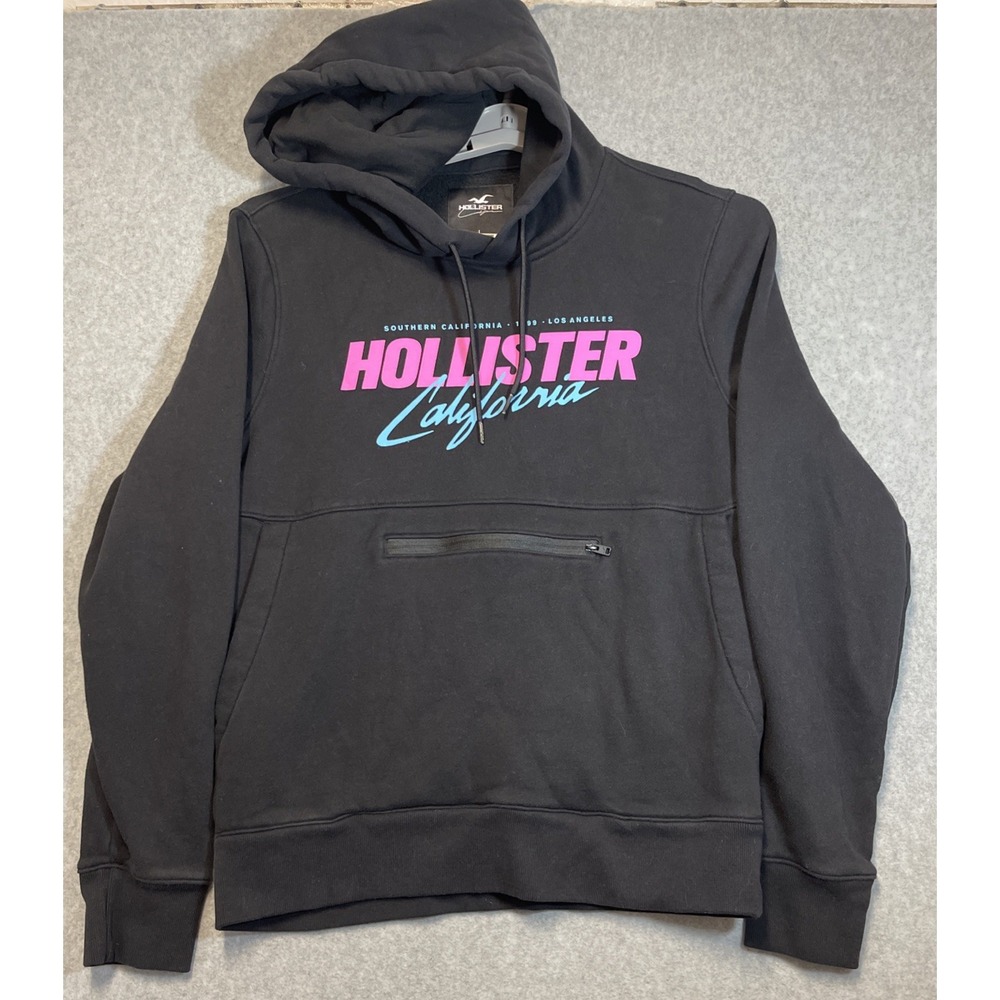 Hollister Black Graphic Print Logo Pullover Hoodie Men's L Regular Long Sleeve